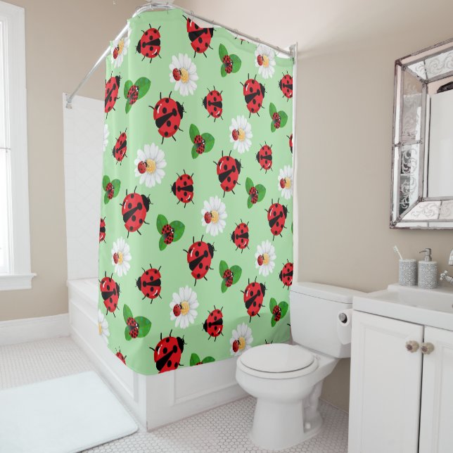 Rideaux De Douche Polka rouge mignon point Ladybug Fleur de margueri (En situation)