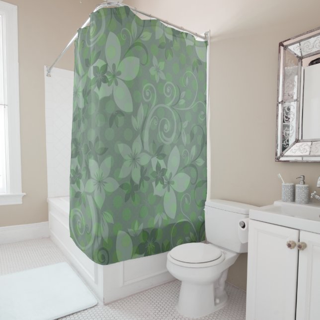 Rideaux De Douche Polkadot floral vert (En situation)