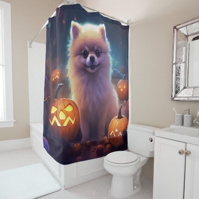 Rideaux De Douche Pomeranian Halloween avec citrouilles effrayant  (En situation)
