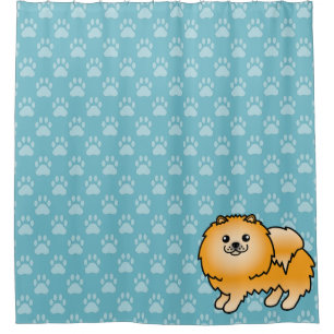 Rideaux De Douche Pomeranian orange sur fond bleu et pattes de chien