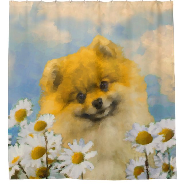 Rideaux De Douche Poméranien dans Daisies Peinture - Art Chien origi (Devant)