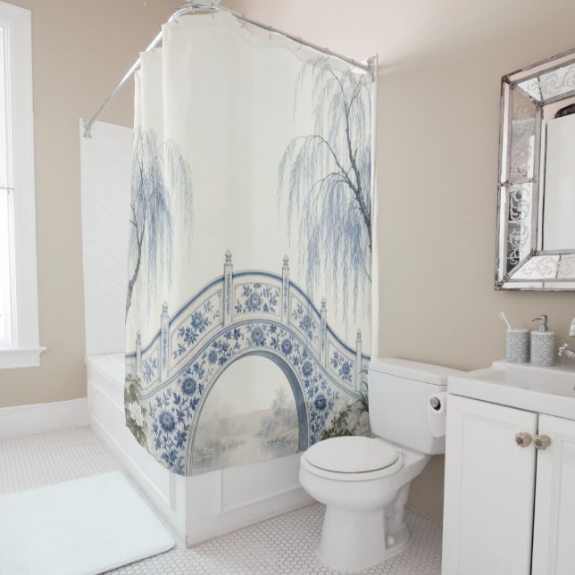 Rideaux De Douche Pont de Blue Willow Jardin Serein (En situation)