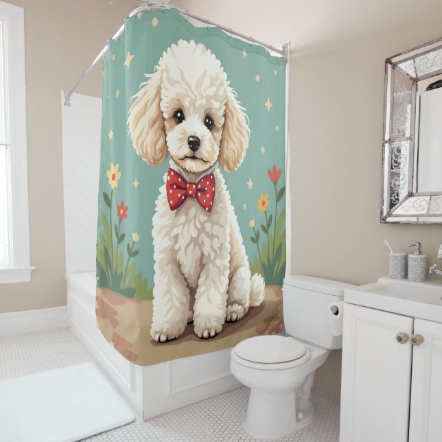 Rideaux De Douche Poodle blanc adorable avec noeud papillon (En situation)