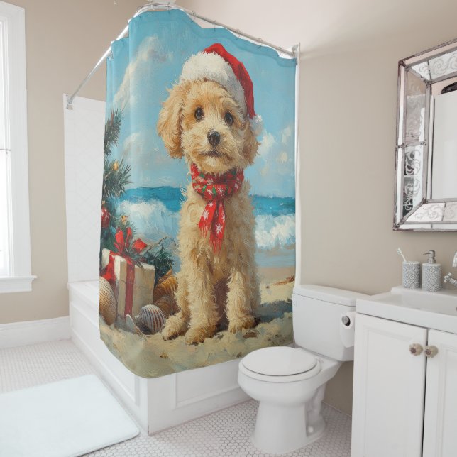 Rideaux De Douche Poodle Chien Noël Plage Vintage (En situation)