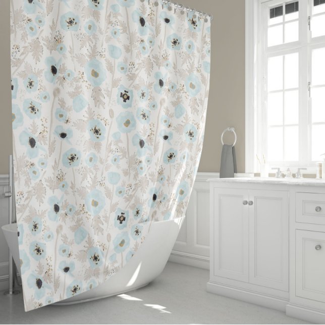 Rideaux De Douche Poppies Floral (Light Blue Tan Watercolor Floral Pattern Poppies Shower Curtain from Studio Posies.)
