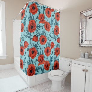 Rideaux De Douche Poppies, rouge et bleu sur le bleu de la piscine