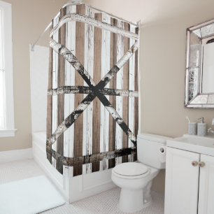 Rideaux De Douche Porte de grange rustique multi-bois blanche et mar