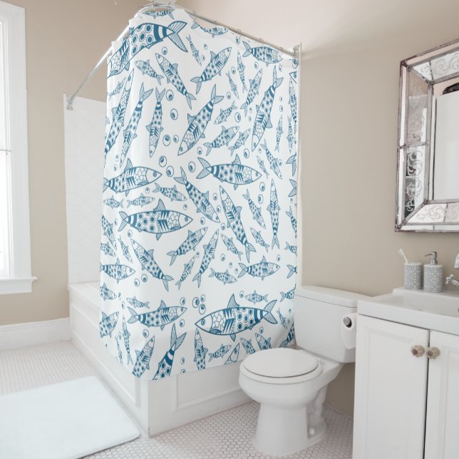 Rideaux De Douche Portugais Lisbonne Sardines Motif Azulejos Blanc (En situation)