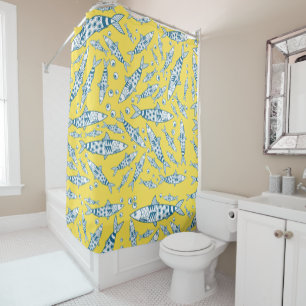 Rideaux De Douche Portugais Lisbonne Sardines Motif Azulejos Jaune
