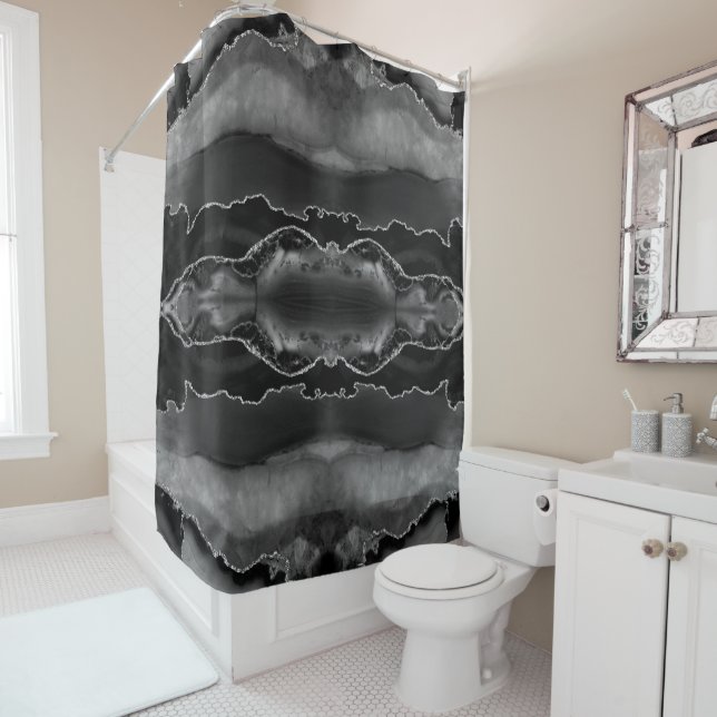 Rideaux De Douche Posh Black Gray Agate Marble Crystal Geode (En situation)