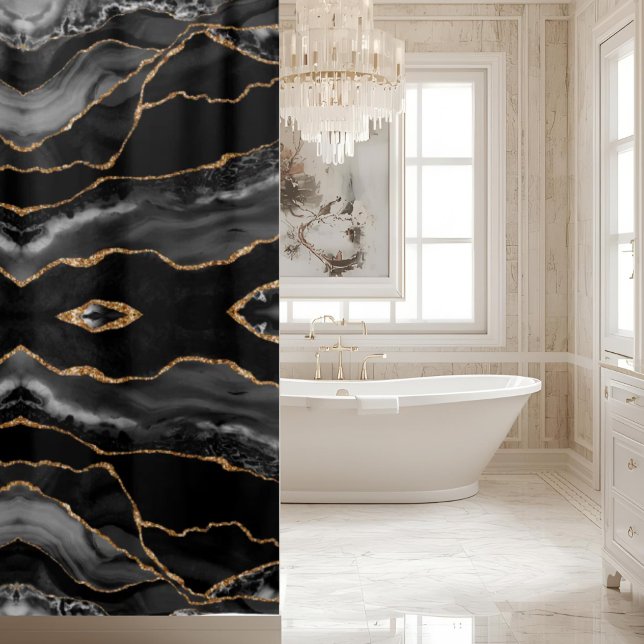 Rideaux De Douche Posh Black Gray Gold Marble Crystal Geode (Créateur téléchargé)