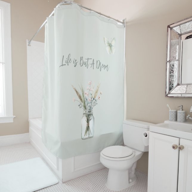 Rideaux De Douche Pot de fleurs bleues avec papillon rose tendre  (En situation)