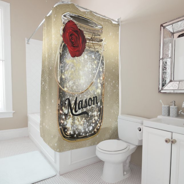 Rideaux De Douche Pot Mason Rose Rouge Glamour Étincelle Dorée (En situation)