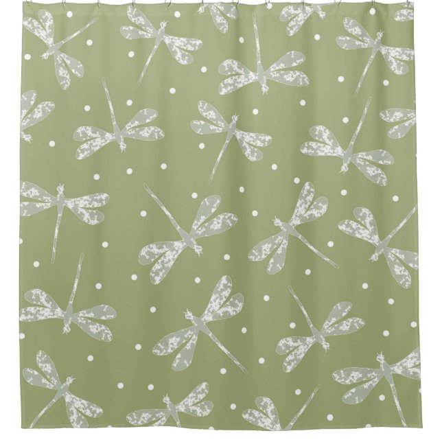 Rideaux De Douche Pots blancs et libellules vert olive (Devant)