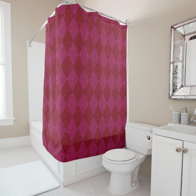 Rideaux De Douche Pouf Pailleté Diamant Rose et Rouge (En situation)
