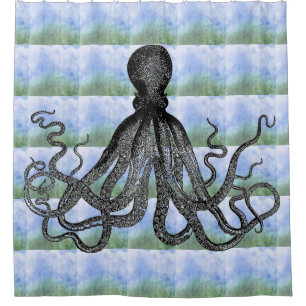 Rideaux De Douche Poulpe de Kraken sur l'arrière - plan de vert ble