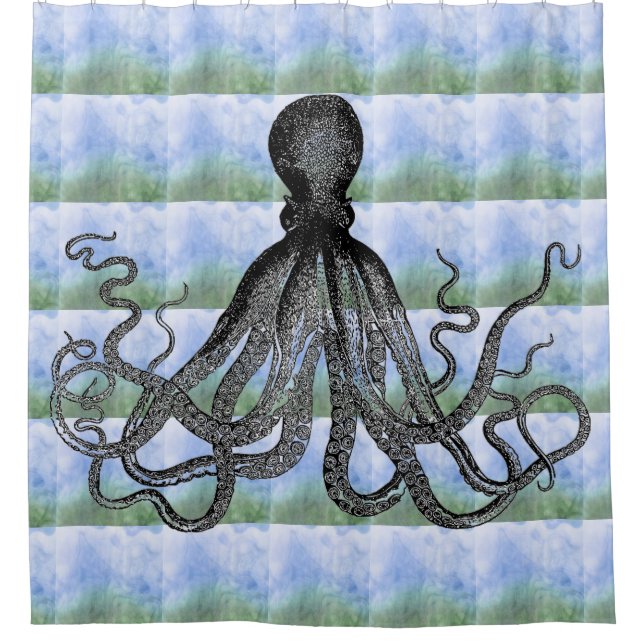 Rideaux De Douche Poulpe de Kraken sur l'arrière - plan de vert bleu (Devant)