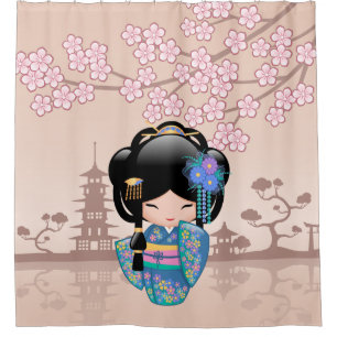 Rideaux De Douche Poupée Keiko Kokeshi bleu Kimono Geisha Girl Beige