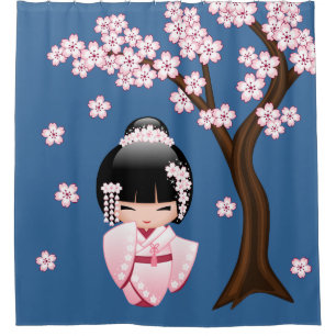 Rideaux De Douche Poupée Kokeshi au kimono rose sur fond bleu