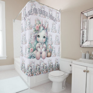 Rideaux De Douche Poupée Licorne Kawaii Pastel avec Panier de Fleurs
