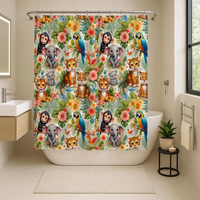 Rideaux de douche pour enfants tropicaux Bébés Ani (Baby Jungle Animals Tropical Kids Shower Curtain)