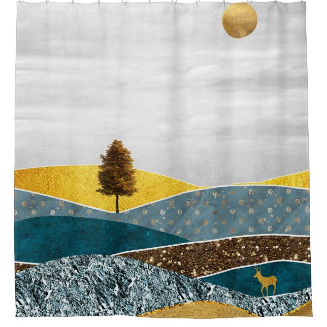 Rideaux De Douche Prairie dorée avec arbre et cerf (Devant)