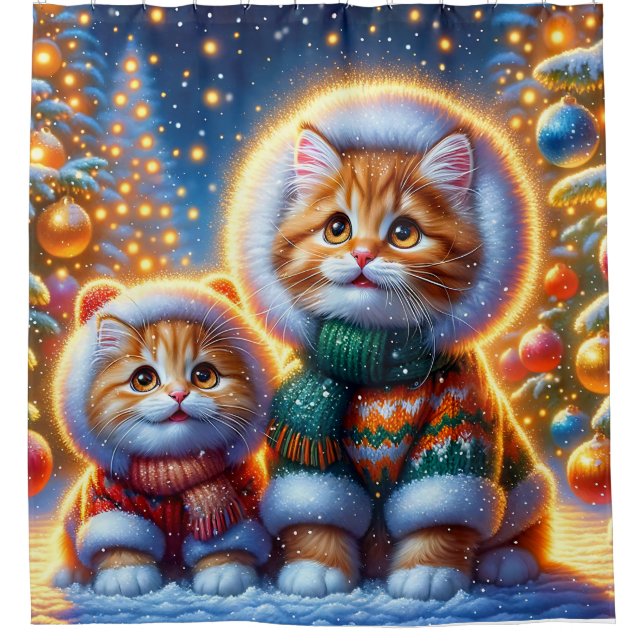 Rideaux De Douche "Premier Noël des chatons à gingembre douillet" (Devant)