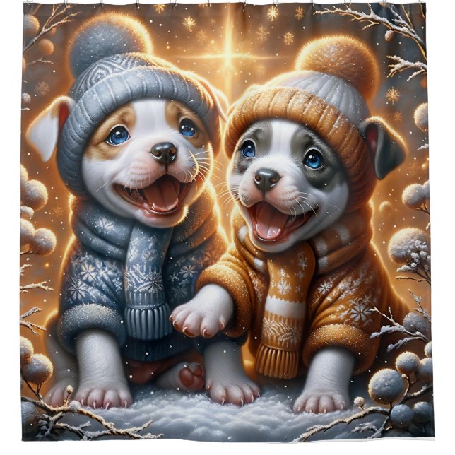 Rideaux De Douche "Première chute de neige des chiots Pitbull" (Devant)