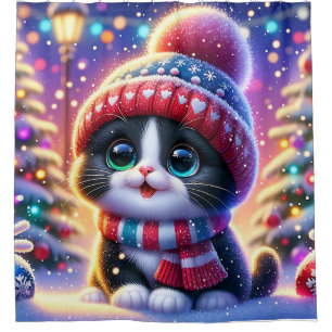 Rideaux De Douche "Première sortie de Noël de Kitty noir et blanc"