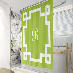 Rideaux De Douche Preppy Monogramme blanc Clé grecque Bordure Lime v