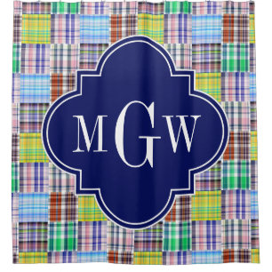 Rideaux De Douche Preppy Patchwork Madras Navy Quatrefoil Monogramme