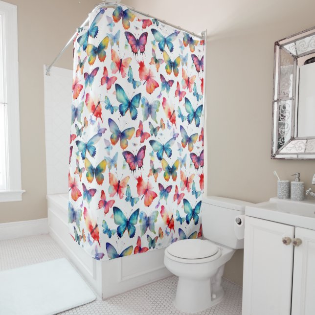 Rideaux De Douche Pretty Butterfly Watercolor Pattern (En situation)