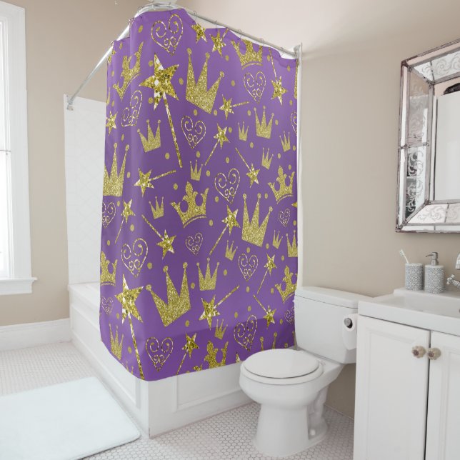 Rideaux De Douche Princesse Filles Paillettes Violet Royal & Or (En situation)