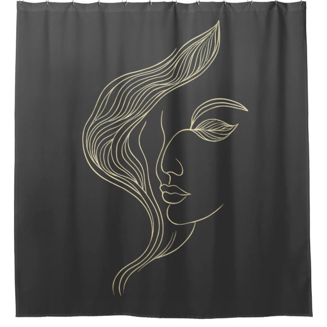 Rideaux De Douche Profil de femme en art linéaire élégant avec feuil (Devant)