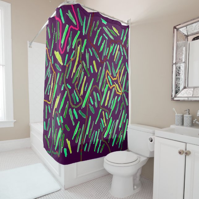 Rideaux De Douche Profond violet avec rayures bouffantes pastels (En situation)