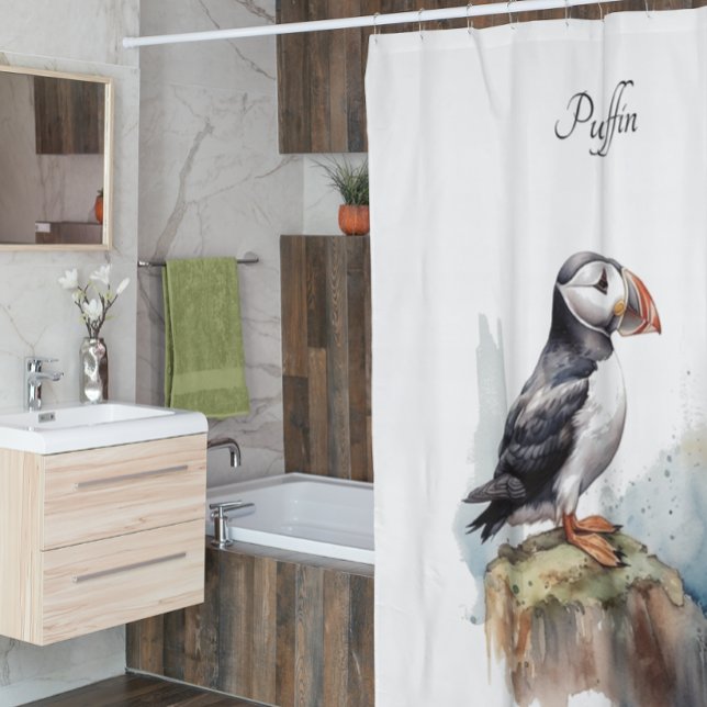Rideaux De Douche Puffin sur une aquarelle rocheuse, personnalisé (Créateur téléchargé)