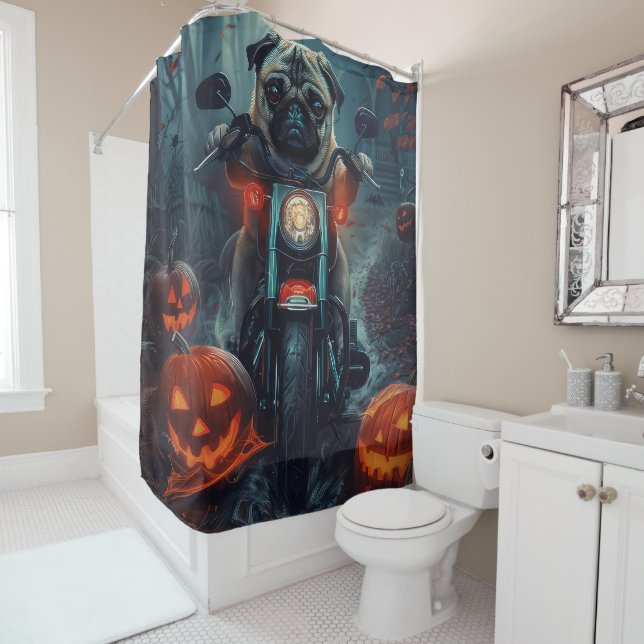 Rideaux De Douche Pug à moto Halloween effrayant (En situation)