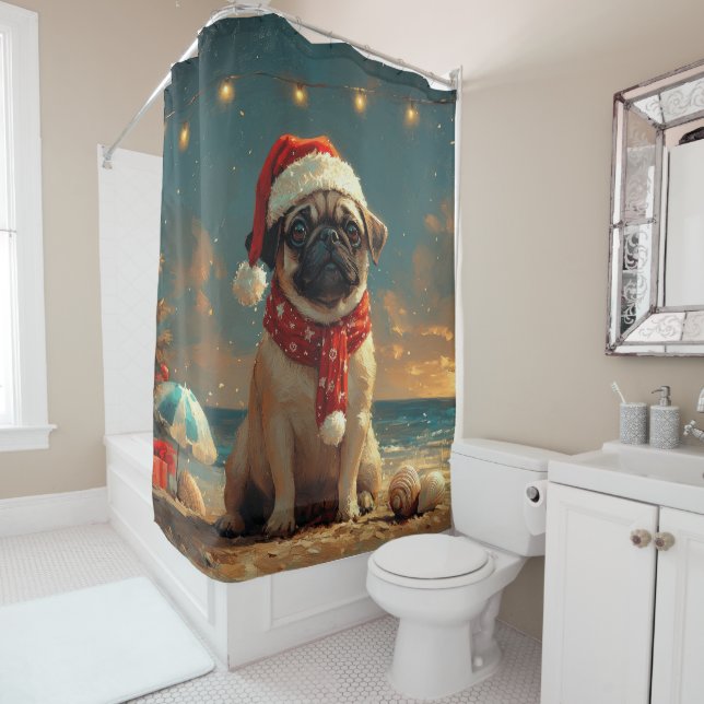 Rideaux De Douche Pug Dog Christmas Vintage Beach (En situation)