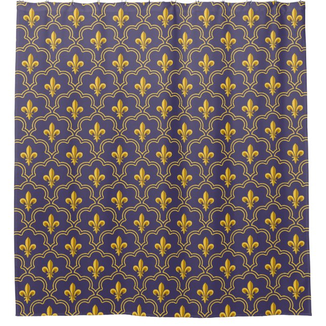 Rideaux De Douche Purple and gold fleur-de-lys quatrefoil pattern (Devant)
