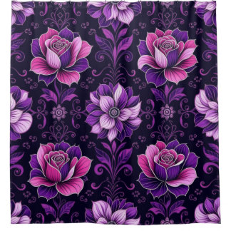 Rideaux De Douche Purple and Pink Flowers Black Background
