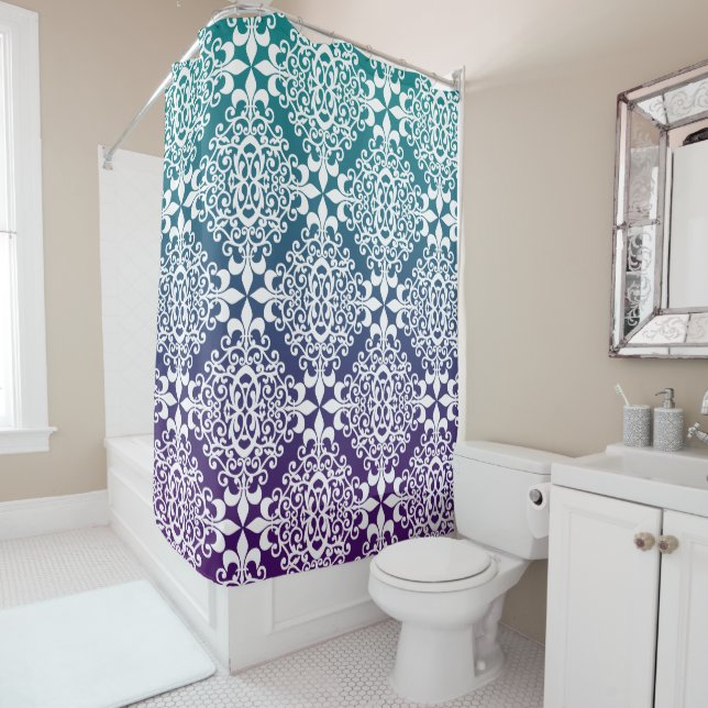 Rideaux De Douche Purple Et Turquoise Ombre Ornat Damask (En situation)