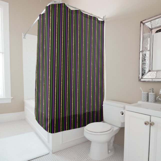 Rideaux De Douche Purple, Green, Black, Faux Gold Stripes Mardi Gras (En situation)