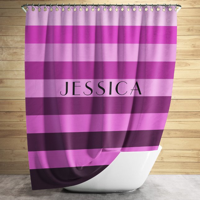 Rideaux De Douche Purple Pink Striped Pattern Personalized Name (Modern Pink Stripes Pattern Name Shower Curtain)