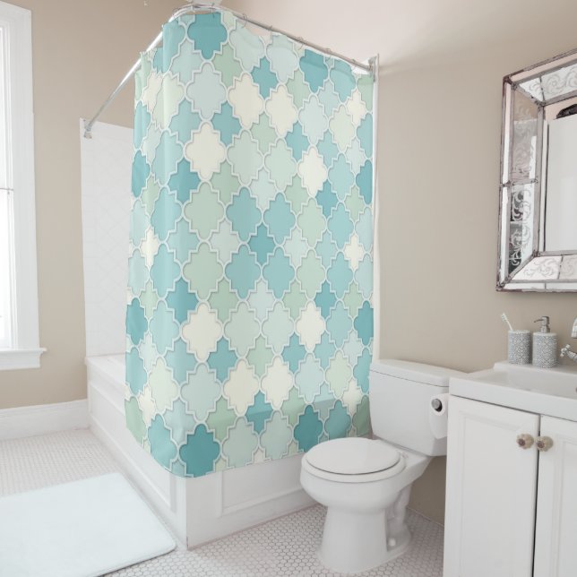 Rideaux De Douche Quatrefoil Motif en Pastel Turquoise et Seafoam Gr (En situation)