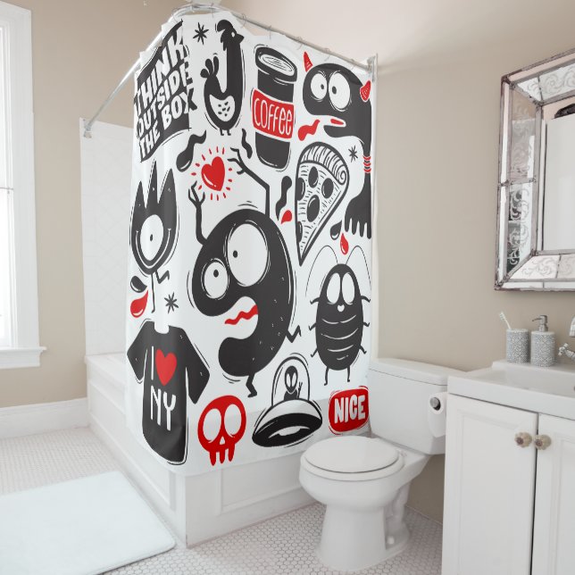 Rideaux De Douche Quirky Black et Red Monster Doodles (En situation)
