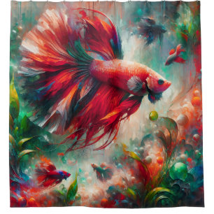 Rideaux De Douche "Radiant Red and Green Betta Fish Elegant Art"