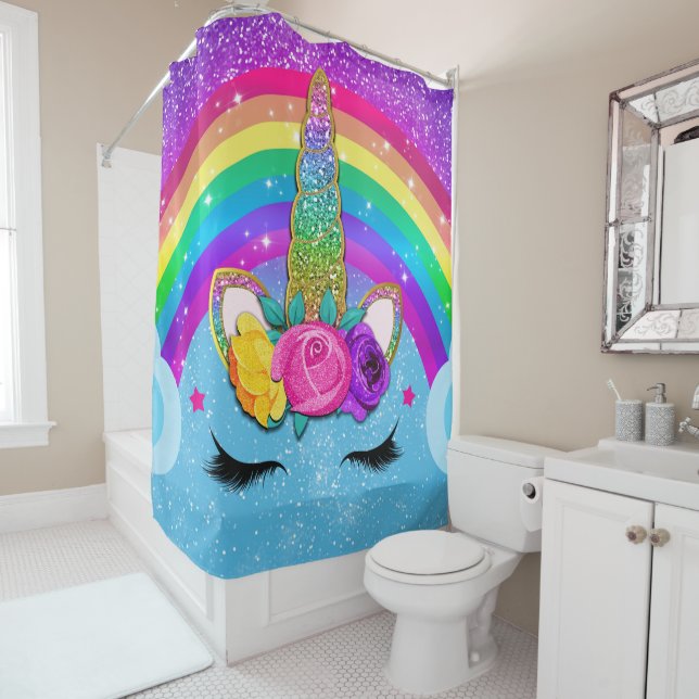 Rideaux De Douche Rainbow Sparkto Glittery Unicorn Horn Face (En situation)