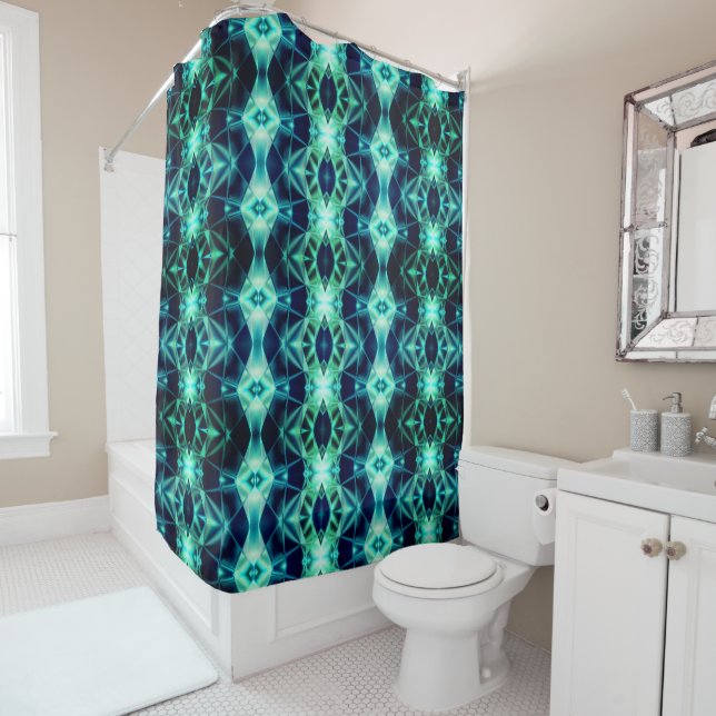 Rideaux De Douche Rapport acrylique bleu-vert, formes de miroir néon (En situation)