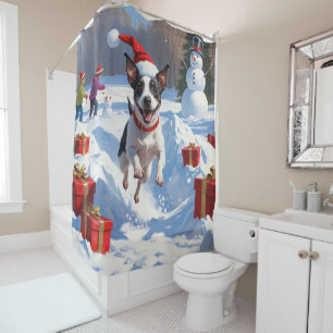 Rideaux De Douche Rat Terrier courant dans la neige avec un chapeau