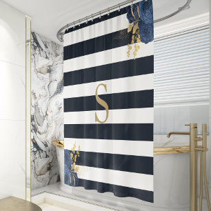 Rideaux De Douche Rayure bleu marine Floral Monogramme or